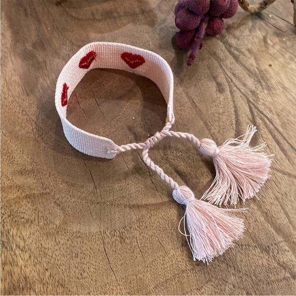 Pink with Hearts Boho Woven Tassel Bracelet - Picture 6 of 6